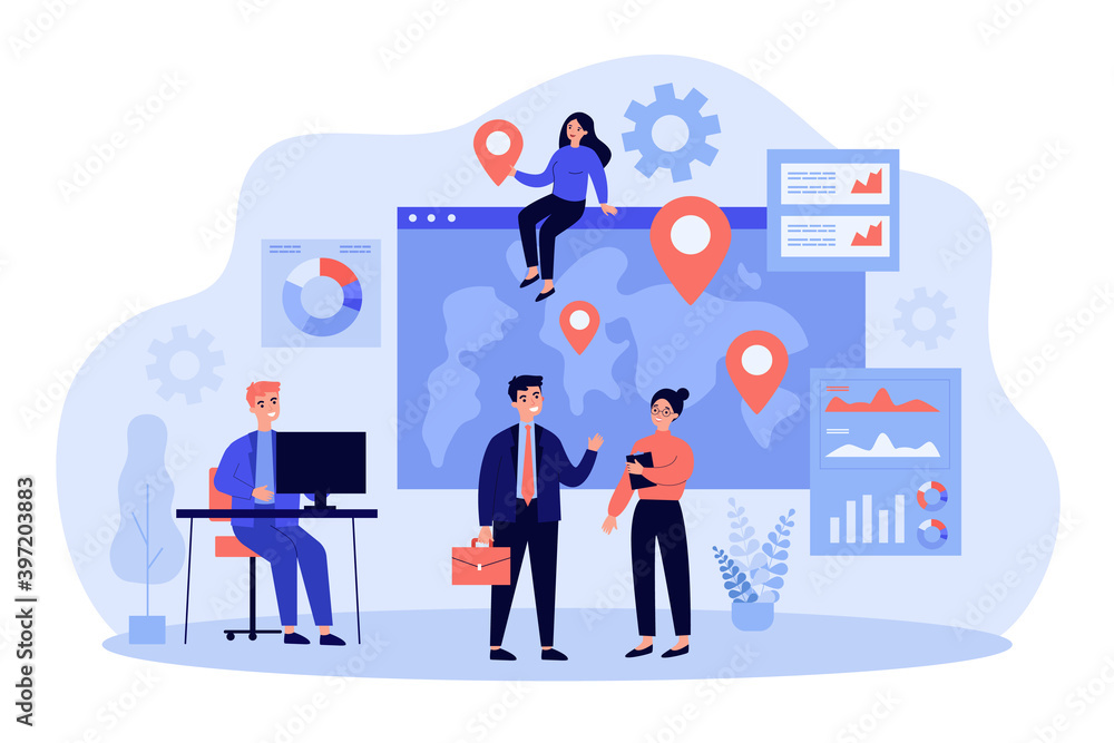 Team of professionals doing global business research. Business people near world map with pointers. Vector illustration for international development, company extension, marketing concept Team of professionals doing global business research. Business people near world map with pointers. Vector illustration for international development, company extension, marketing concept
