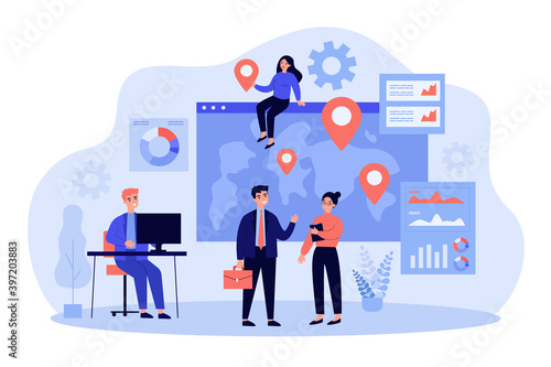 Team of professionals doing global business research. Business people near world map with pointers. Vector illustration for international development, company extension, marketing concept