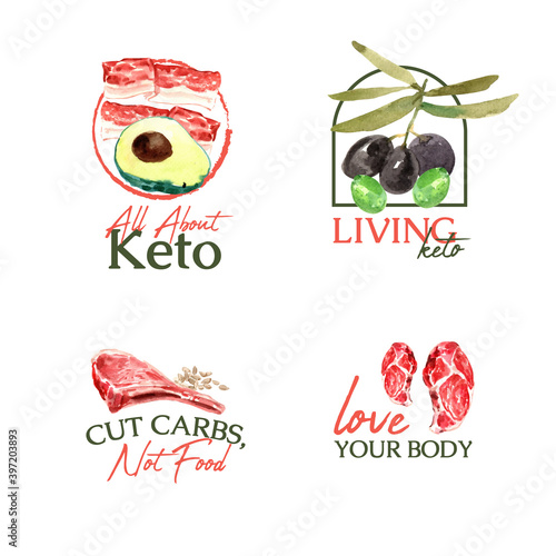 Logo design with ketogenic diet concept for branding and marketing watercolor vector illustration..