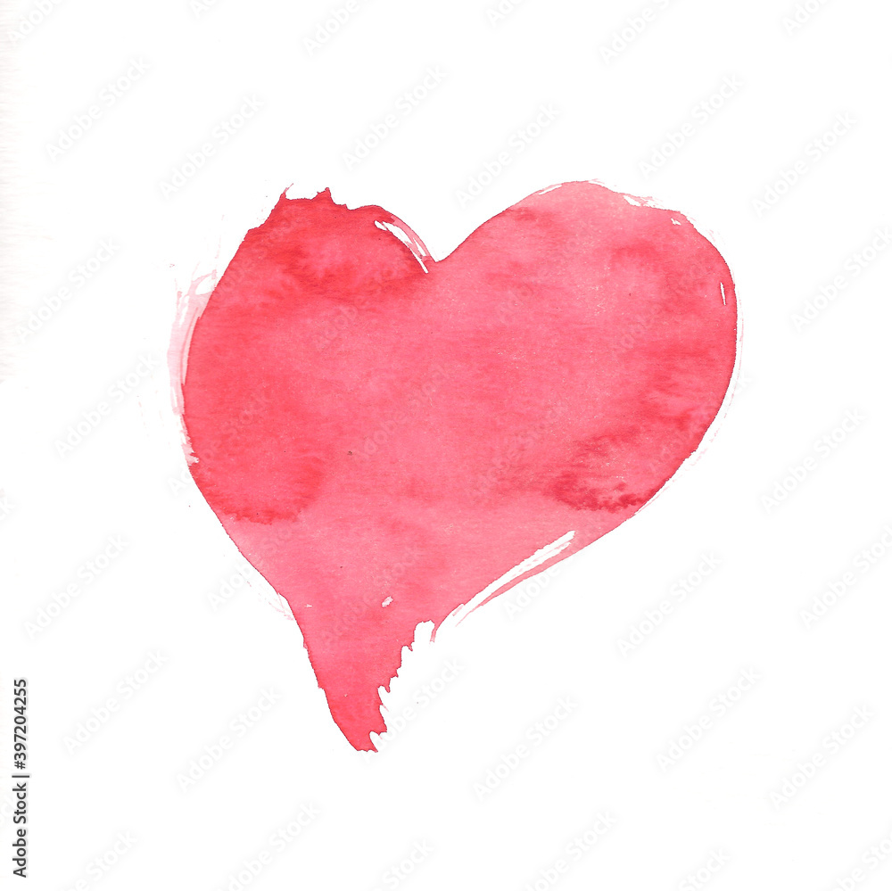 Watercolor illustration of red heart on the white background