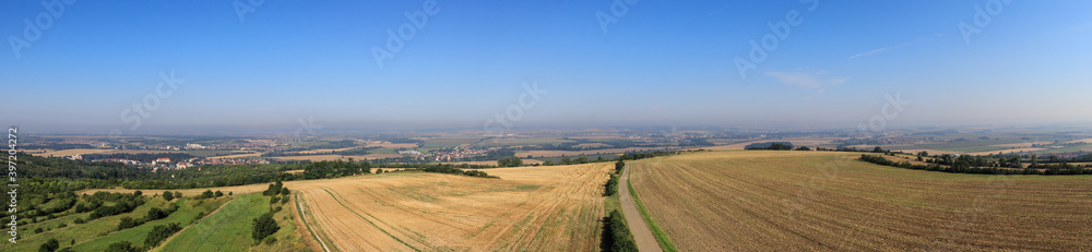 Panorama of the South Moravian landscape near the city of Brno. View from the new lookout tower in Zidlochovice. View of Opatovice, Brno. Czech landscape