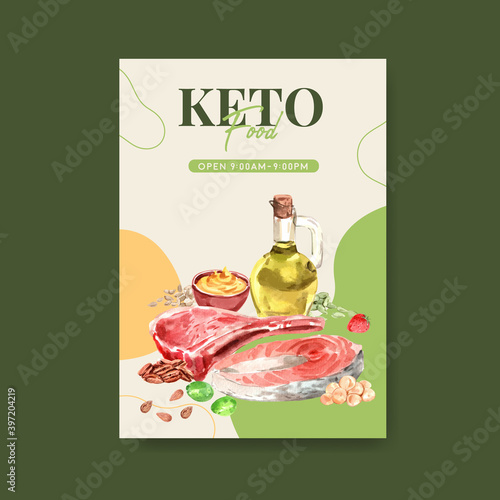Poster template with ketogenic diet concept for advertise and brochure watercolor vector illustration.