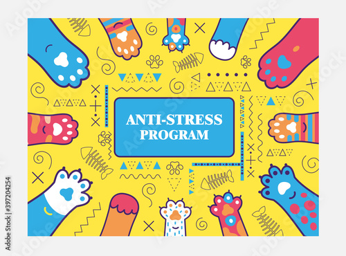 Anti-stress program background design with cat paws. Cute kitty paws on yellow background. Domestic animals and pets concept. Template for promotional or invitation card