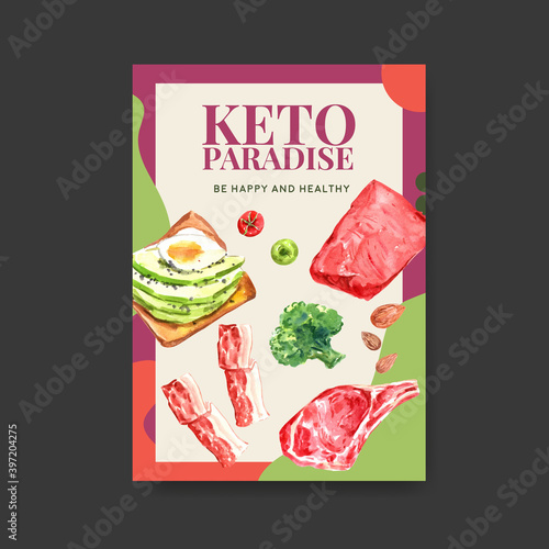 Poster template with ketogenic diet concept for advertise and brochure watercolor vector illustration.