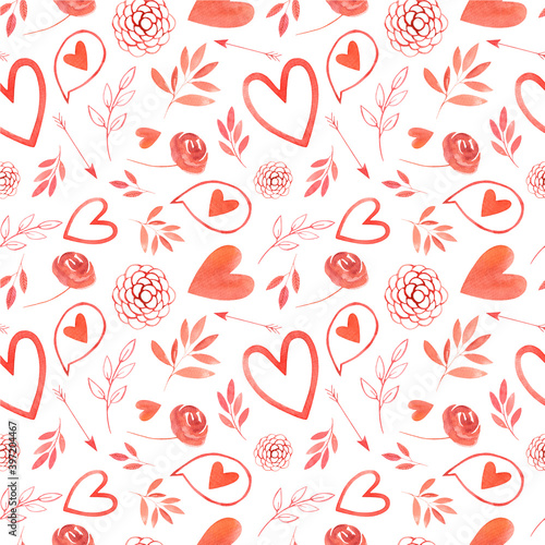 Seamless watercolor pattern for valentine's day. Love symbol, heart, flower, arrow.