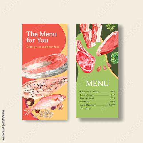 Menu template with ketogenic diet concept for restaurant and food shop watercolor vector illustration.