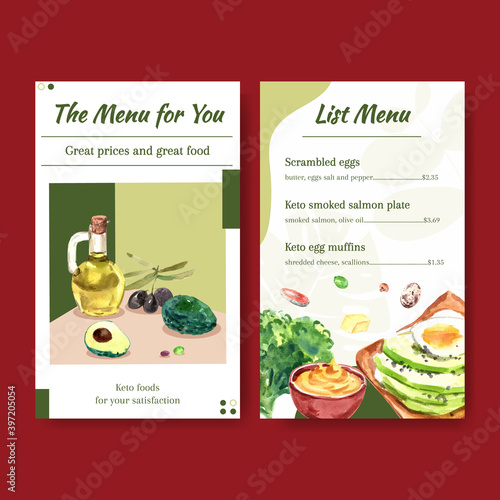 Menu template with ketogenic diet concept for restaurant and food shop watercolor vector illustration.