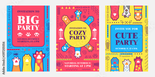 Creative invitation designs with soft cat paws. Bright cozy meow party invitations with text. Domestic animals and pets concept. Template for leaflet, banner or flyer