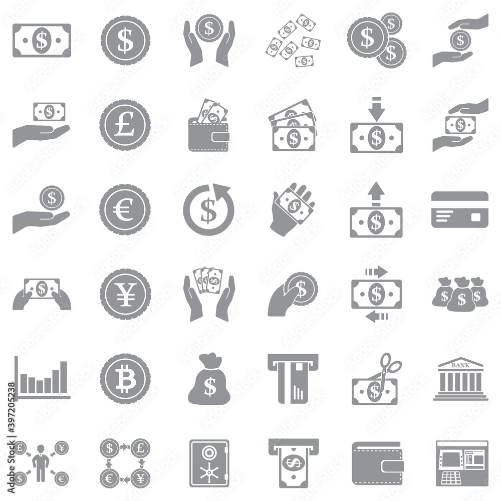 Money Icons. Gray Flat Design. Vector Illustration. Money Icons. Gray Flat Design. Vector Illustration.