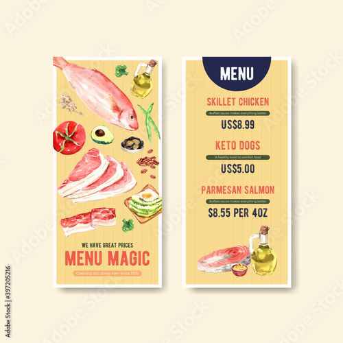 Menu template with ketogenic diet concept for restaurant and food shop watercolor vector illustration.