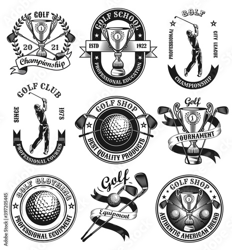 Retro golf emblems or stickers vector illustration set. Vintage labels with cup, golfer or ball isolated vector illustration collection. Sport game and championship concept can be used for template