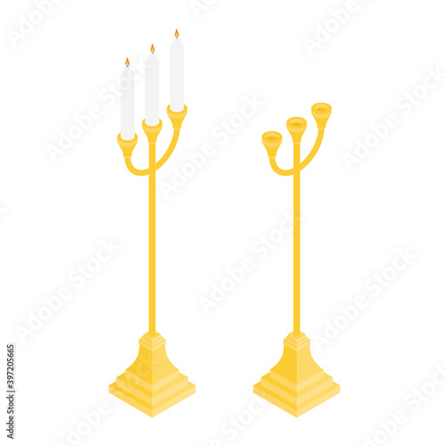 Candles in candlestick, vintage candle holder and candelabrum isolated on white background