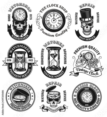 Antique badges for watchshop vector illustration set. Vintage watchmaker signs with skulls. Repairing service and clock shop concept can be used for retro template, banner or poster photo