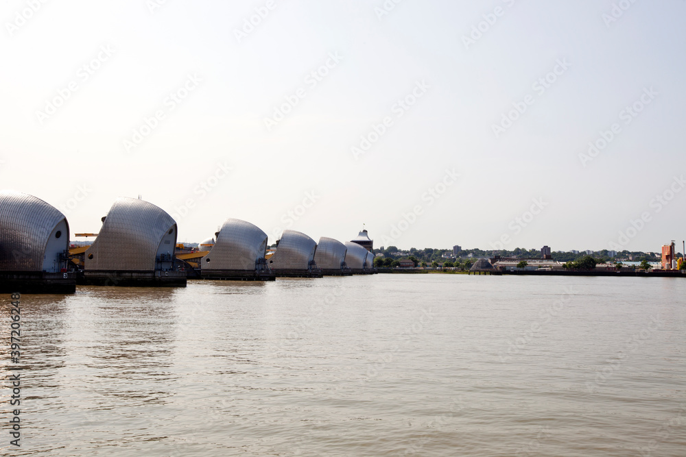 Side view of Thames Barrier at Sunrise