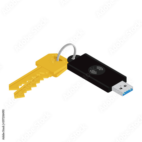 Bunch of keys with usb flash drive isolated on white background.