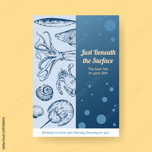 Poster menu template with seafood concept design for advertise and marketing vector illustration