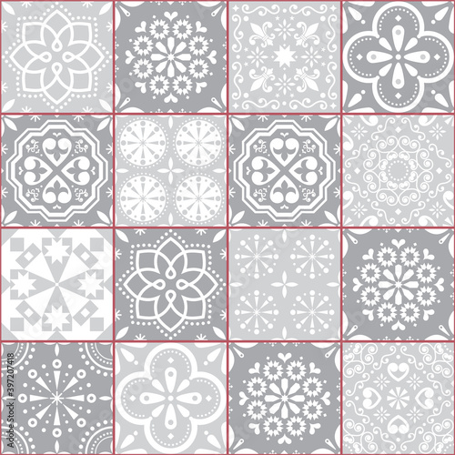 Portuguese Azulejo tile seamless vector pattern, Lisbon geometric and floral gray retro tiles design collection