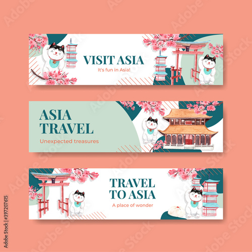 Banner template with Asia travel concept design for advertise and marketing watercolor vector illustration