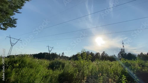 High-voltage power lines in the field among the grass and trees. The sun is shining.