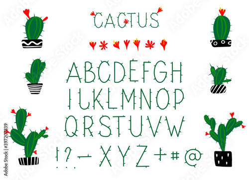 Latin alphabet green prickly cactus with blooming flowers. English letters. Hand Drawn isolated on white background Vector illustration