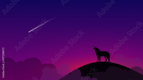 Beautiful landscape with a dark starry sky and a shooting star. On a high hill among the clouds - the silhouette of a howling wolf. Vector illustration