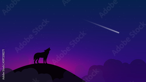 Beautiful landscape with a dark starry sky and a shooting star. On a high hill among the clouds - the silhouette of a howling wolf. Vector illustration