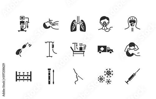 Artificial lung ventilation flat glyph icons set. Coronovirus test and medical equipment for covid-19. Nasal swab laboratory test, icu, oxygen mask, mouth-to-mouth resuscitation, doctor in protective