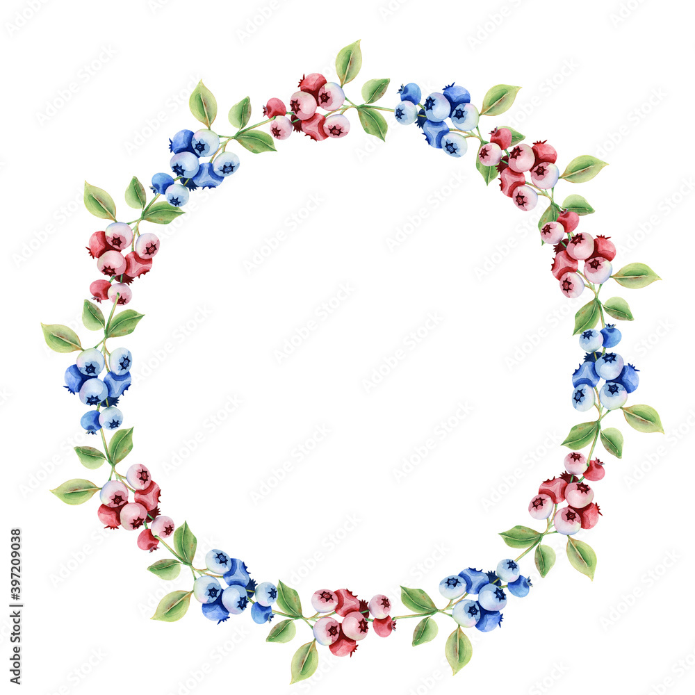 Hand drawn wreath with red and blu berries branches. Round frame for Christmas cards and winter design. Hand drawn wreath with red and blu berries branches. Round frame for Christmas cards and winter design.