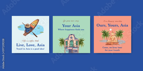 Ads template with Asia travel concept design for marketing and advertise watercolor vector illustration