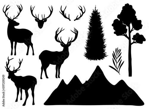 Set Reindeer horns mountains trees silhouettes vector illustration