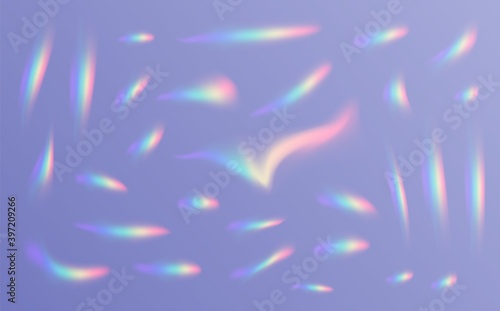 Refractions set in different shapes, rainbow sunlight effect, holographic rays collection isolated on a transparent background.