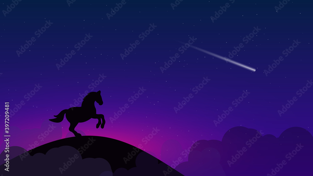Beautiful landscape with a dark starry sky and a shooting star. On a high hill among the clouds - the silhouette of a horse standing on its hind legs. Vector illustration