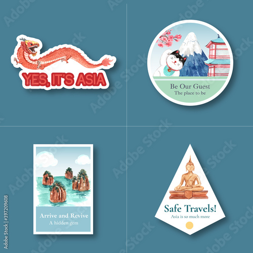 Sticker design with Asia travel concept for character cartoon isolated watercolor vector illustration