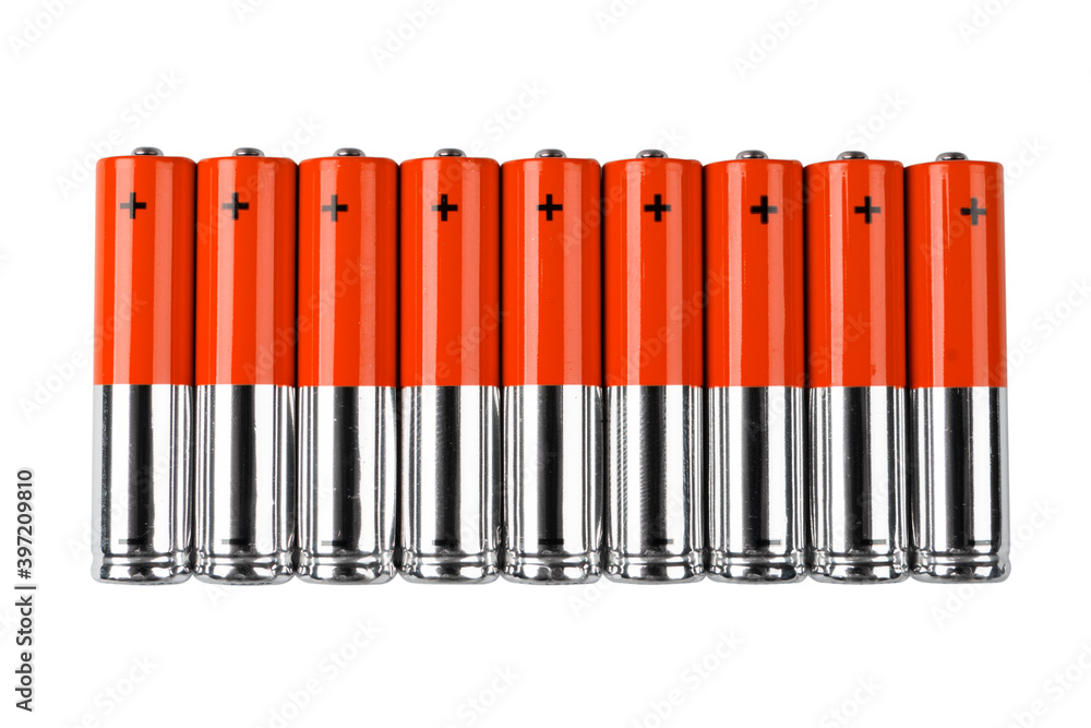 Red Battery. Alkaline battery isolated on white background with clipping path. New alkaline AA battery with copy space isolated on white background