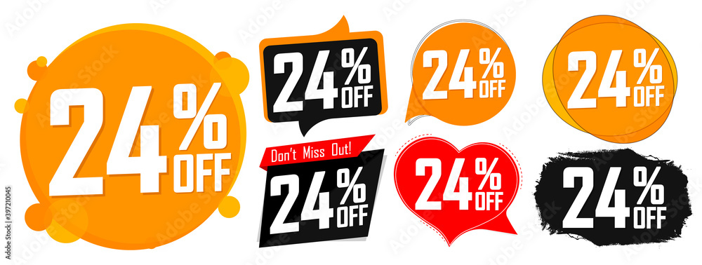Set Sale 24% off banners, discount tags design template, lowest price, vector illustration