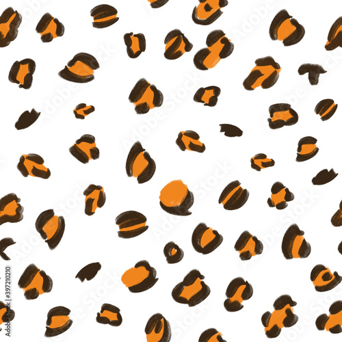 Hand-drawn brown and orange animalistic, brindle seamless pattern on white background. Print, packaging, passport, stationery, cover, wallpaper design. © Kate