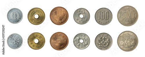 Set of all japanese yen coins isolated on a white background obverse and reverse sides.