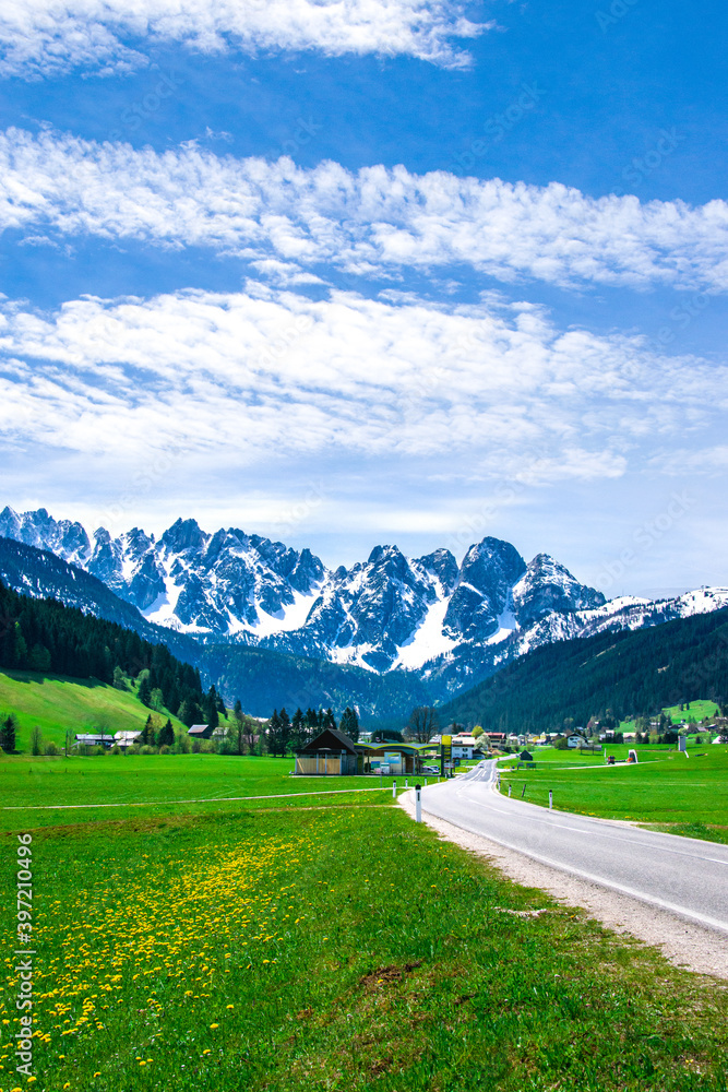 View of the snow-capped peaks of the mountains. View of the Alps. Austria. 