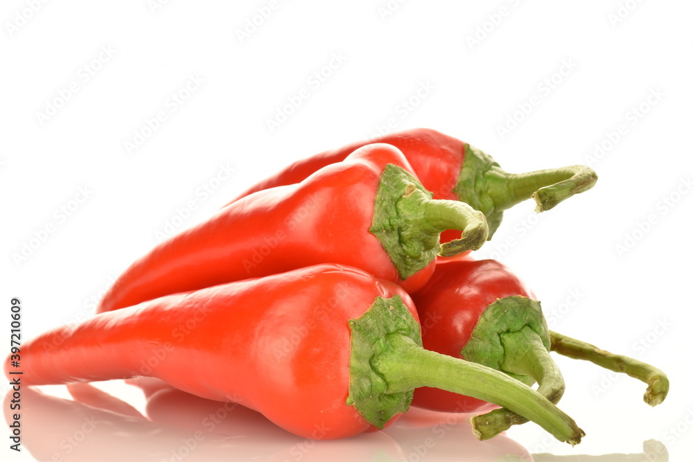 Several red sweet, natural peppers, close-up, isolated on white.