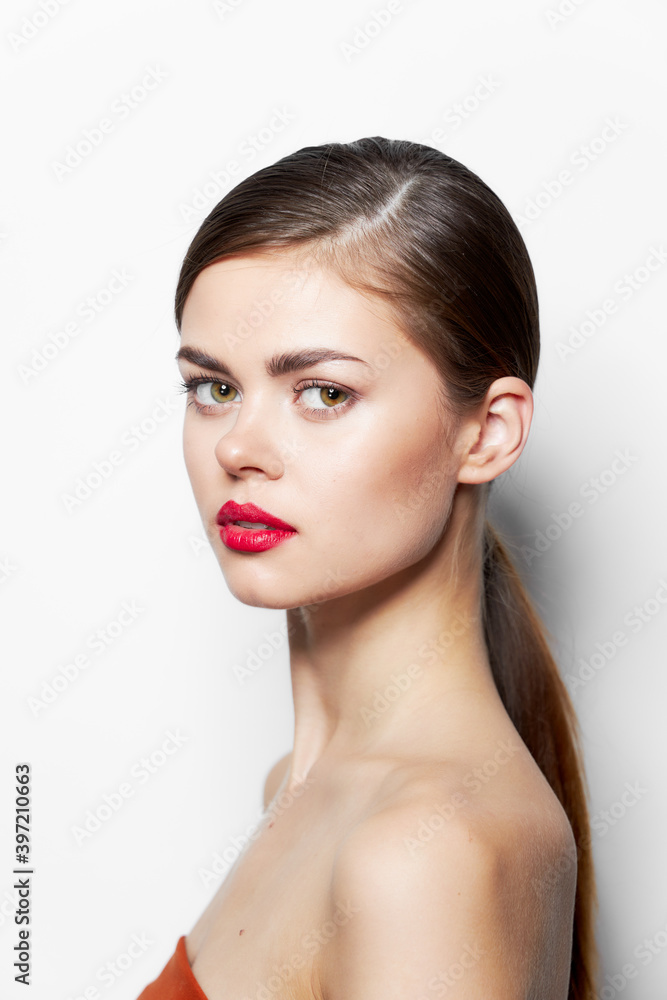 Lady with rose Red lips bared shoulders attractive look bright makeup Lady with rose Red lips bared shoulders attractive look bright makeup