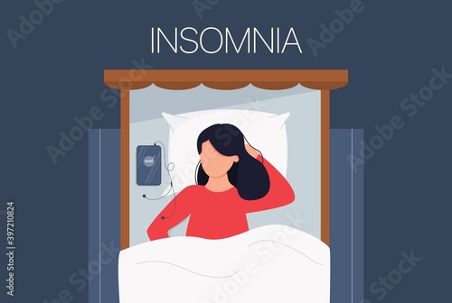 Sleepless woman face character suffers from insomnia. Insomniac lying in darkness night lying on bed concept.