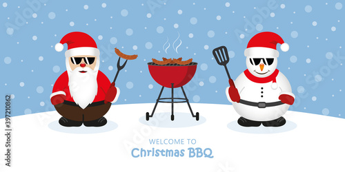 cute santa claus and snowman with sunglasses at christmas bbq vector illustration EPS10