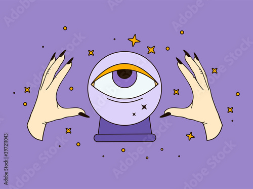 Halloween illustration. Fortune telling on crystal ball, evil eye, fortuneteller, witch, female hand with black nails, magic, love spell, occultism, prediction