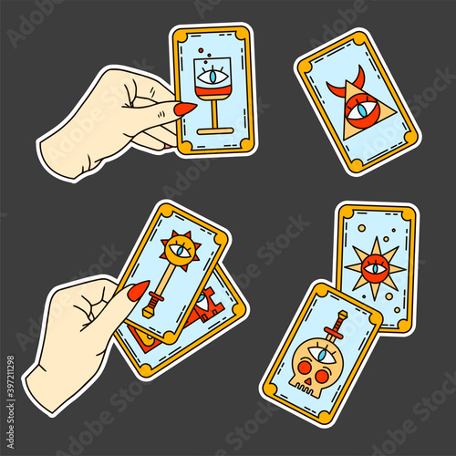 Logo for a tarot reader, print for souvenirs, a set of drawings about tarot card. Fortune telling on tarot cards, fortuneteller, witch, female hand, magic, love spell, occultism, prediction, esoteric