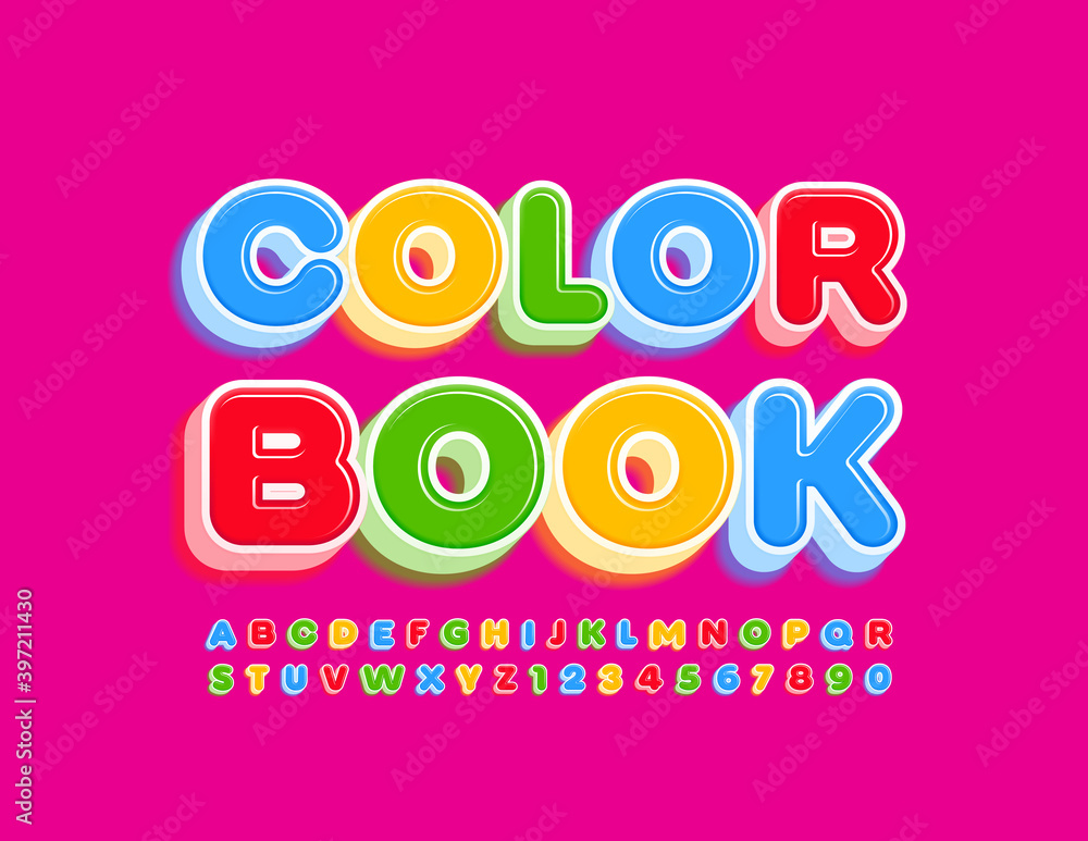 Vector art sign Color Book. Bright 3D Font. Creative Alphabet Letters and Numbers set