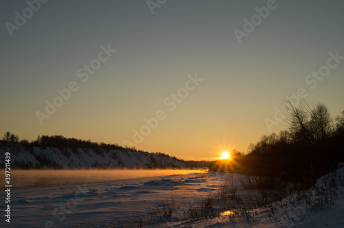 The ice river at sunset. Russia  river Oka.