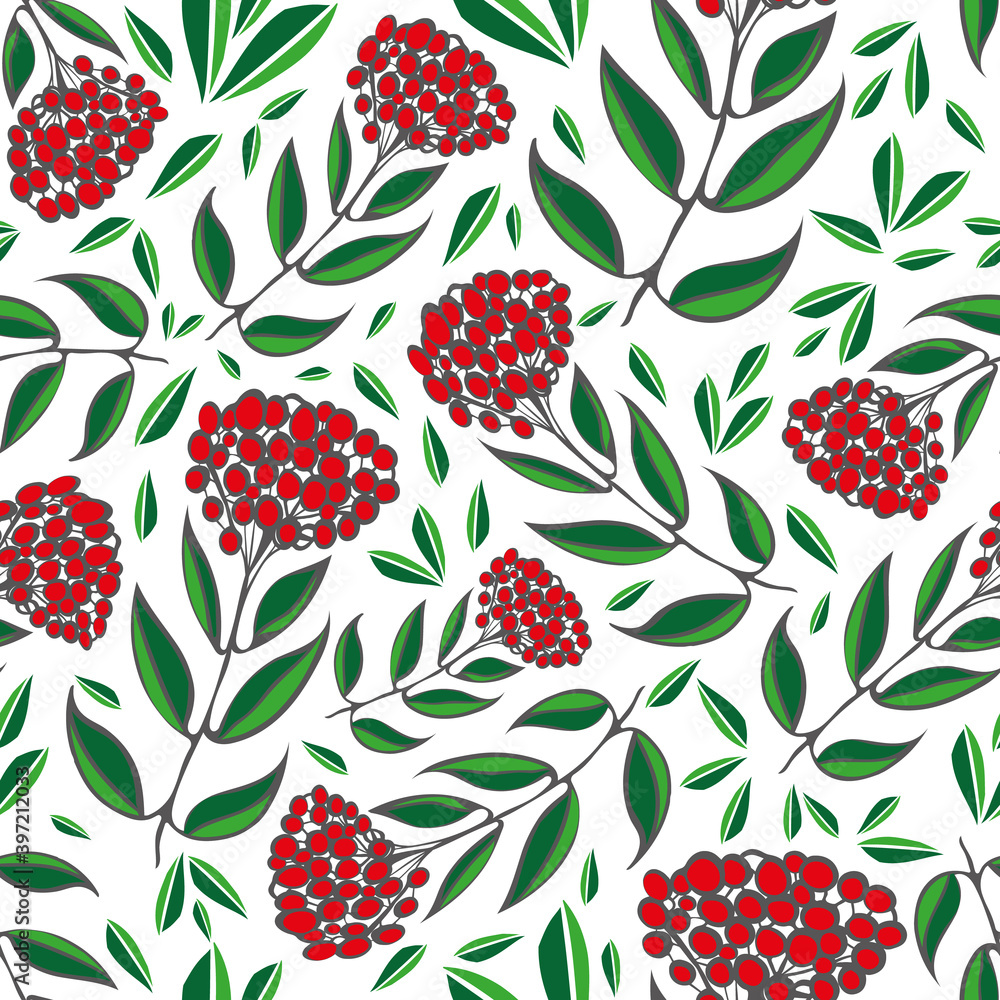 Vector Cotoneaster berries and leaves. Seamless red, white, green pattern background. Backdrop with scattered hand drawn forest garden fruit and foliage. Winter themed botanical all over print. Vector Cotoneaster berries and leaves. Seamless red, white, green pattern background. Backdrop with scattered hand drawn forest garden fruit and foliage. Winter themed botanical all over print.