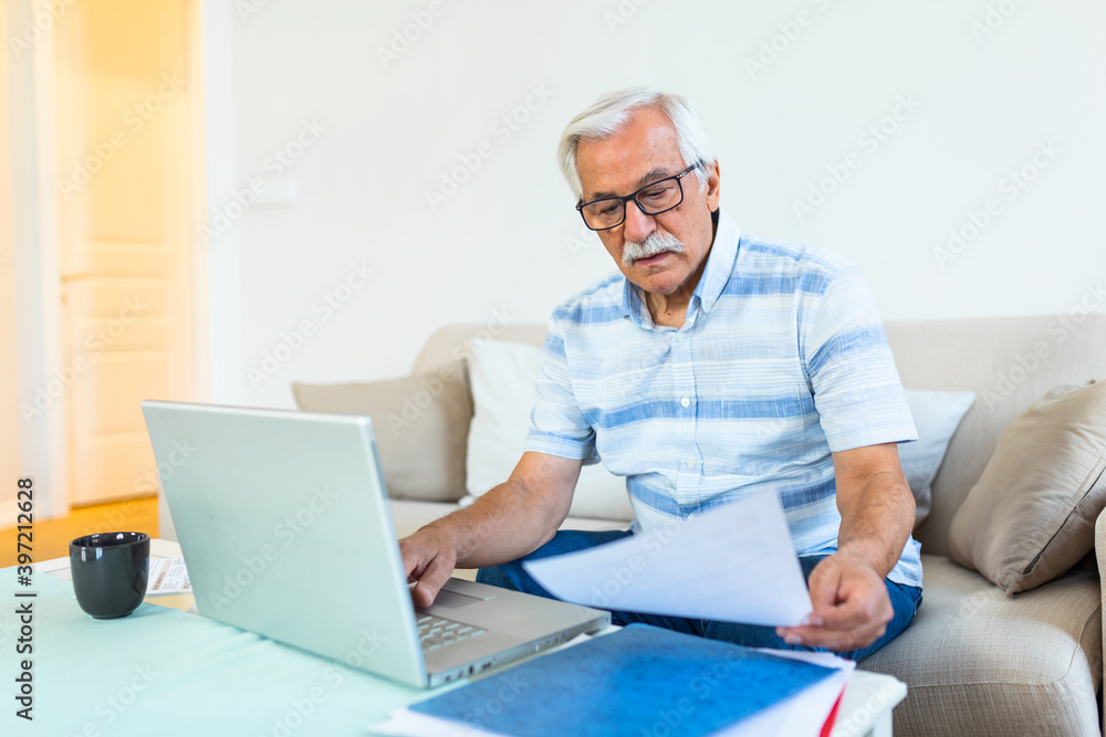 Mature businessman sit on sofa working on computer wireless device using e-banking application paying bills online, typing e-mail solve issues distantly, older generation and modern tech usage concept Mature businessman sit on sofa working on computer wireless device using e-banking application paying bills online, typing e-mail solve issues distantly, older generation and modern tech usage concept