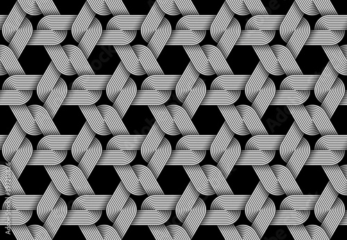 Vector seamless decorative pattern of woven triangular shaped metallic wires.