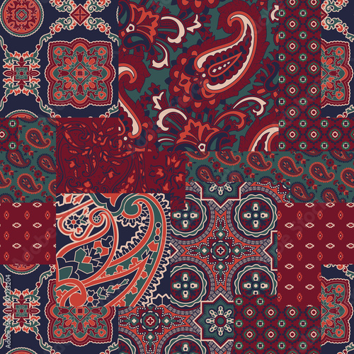 Cachemire paisley silk fabric patchwork abstract vector seamless pattern wallpaper